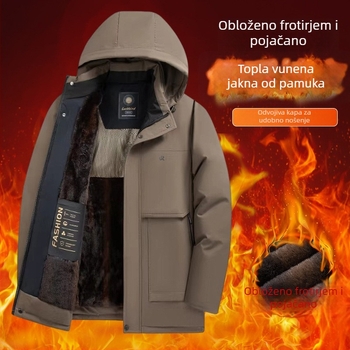Muška pamučna puffer jakna za muškarce srednje dobi i starije, s flis podstavom, debela i topla, kapuljača, stojeći ovratnik i zatvarač sprijeda