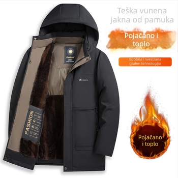 Muška pamučna puffer jakna za muškarce srednje dobi i starije, s flis podstavom, debela i topla, kapuljača, stojeći ovratnik i zatvarač sprijeda