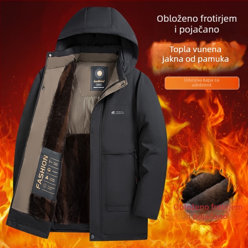 Muška pamučna puffer jakna za muškarce srednje dobi i starije, s flis podstavom, debela i topla, kapuljača, stojeći ovratnik i zatvarač sprijeda