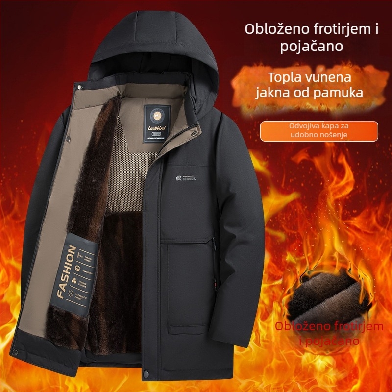 Muška pamučna puffer jakna za muškarce srednje dobi i starije, s flis podstavom, debela i topla, kapuljača, stojeći ovratnik i zatvarač sprijeda