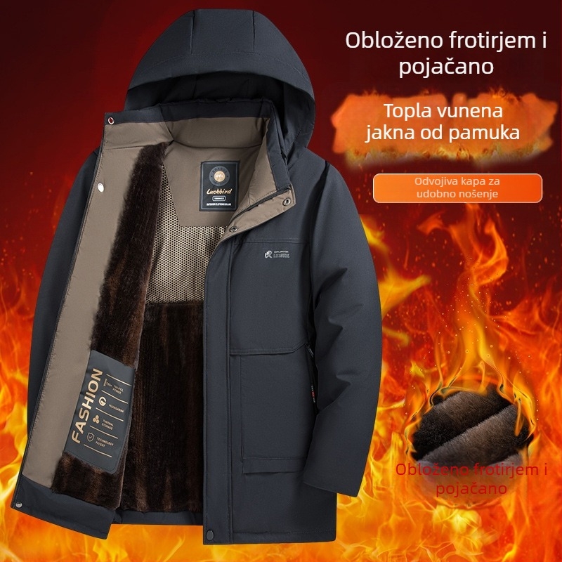 Muška pamučna puffer jakna za muškarce srednje dobi i starije, s flis podstavom, debela i topla, kapuljača, stojeći ovratnik i zatvarač sprijeda