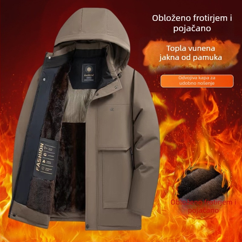 Muška pamučna puffer jakna za muškarce srednje dobi i starije, s flis podstavom, debela i topla, kapuljača, stojeći ovratnik i zatvarač sprijeda
