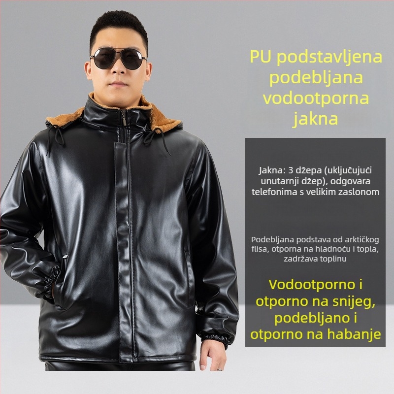 Muški komplet kožna jakna i hlače s flekse podstavom, debeli kroj, s odvojivom kapom; vodootporan, slobodan kroj za zimu.