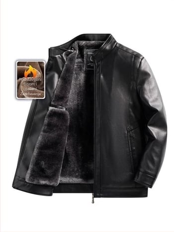 PU kožna jakna za muškarce srednje dobi, zimska jakna s flis podstavom, zatvarač, rever, slobodan kroj