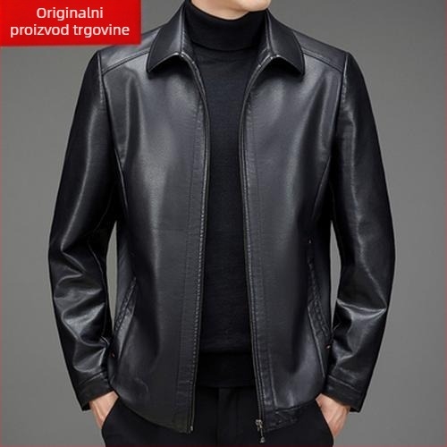 PU kožna jakna za muškarce srednje dobi, zimska jakna s flis podstavom, zatvarač, rever, slobodan kroj