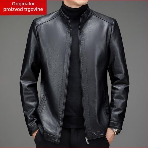 PU kožna jakna za muškarce srednje dobi, zimska jakna s flis podstavom, zatvarač, rever, slobodan kroj