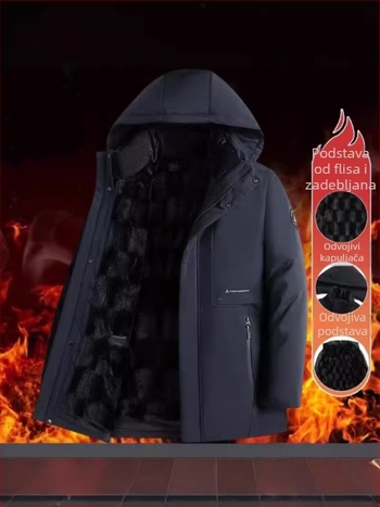 Muški srednje dugo pamučno jakna s flis podstavom, punjenje od imitacije svile, opušten kroj, zatvarač, odvojivi ovratnik