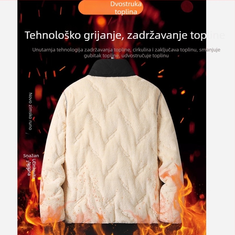 Zimska muška jakna s poliesterskom punom i podstavnim ovratnikom, bez kapulje, zatvarač, prugasti uzorak, tri džepa na zakrpe