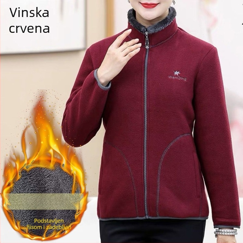 Ženska zimska jakna s fleec podstavom i debelim pamučnim punjenjem, stojeći ovratnik, zatvarač, slobodan kroj