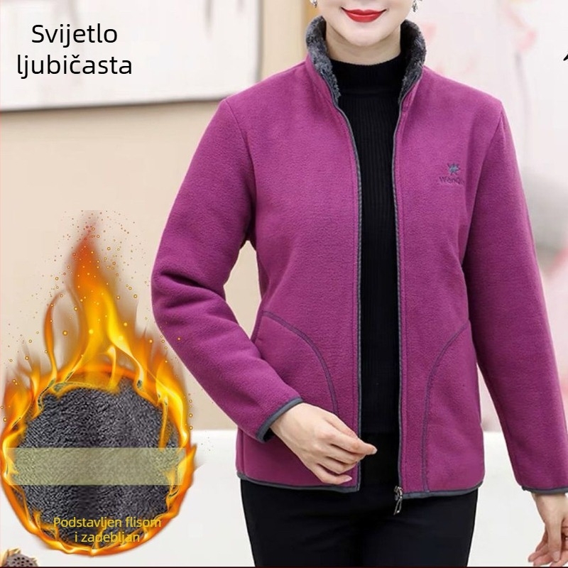 Ženska zimska jakna s fleec podstavom i debelim pamučnim punjenjem, stojeći ovratnik, zatvarač, slobodan kroj
