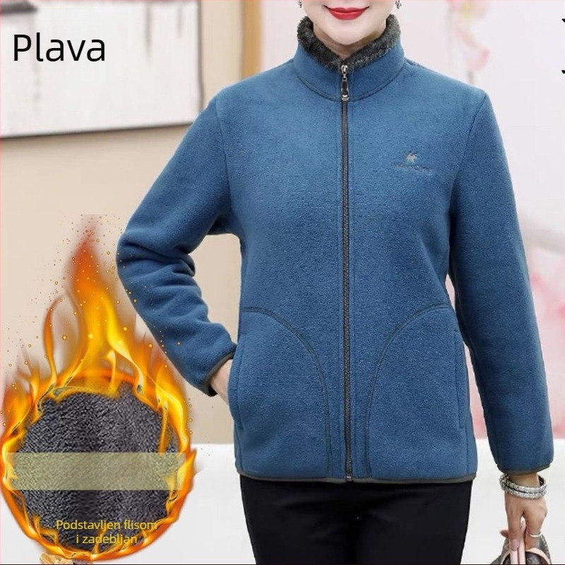 Ženska zimska jakna s fleec podstavom i debelim pamučnim punjenjem, stojeći ovratnik, zatvarač, slobodan kroj