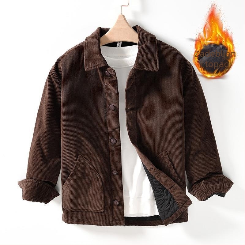 P121 Zimska muška jakna od corduroya – vintage japanski stil, casual, s reverom, debljina punila od poliestera