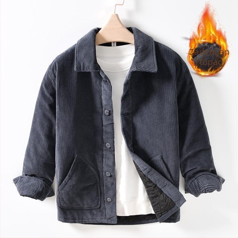 P121 Zimska muška jakna od corduroya – vintage japanski stil, casual, s reverom, debljina punila od poliestera