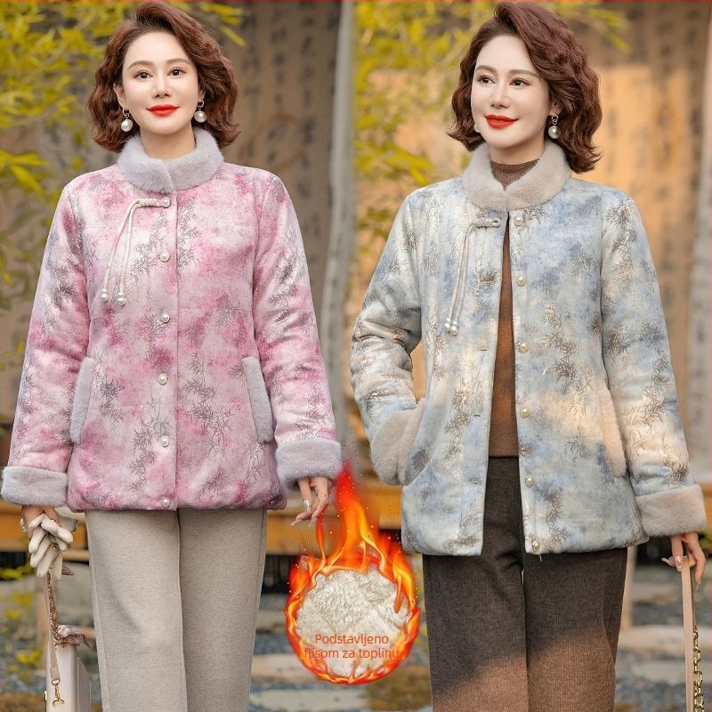 Zimska jakna s pamukom punjena i stojećim ovratnikom, podstavljena fleeceom i debela za toplinu, kineski stil, književno retro, PVC glavna tkanina ≤30%