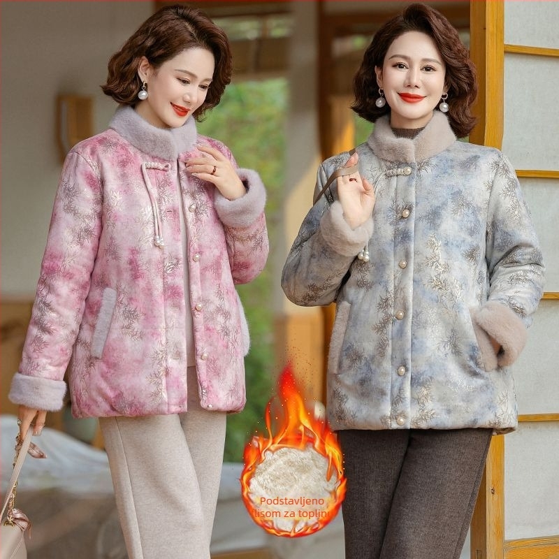 Zimska jakna s pamukom punjena i stojećim ovratnikom, podstavljena fleeceom i debela za toplinu, kineski stil, književno retro, PVC glavna tkanina ≤30%