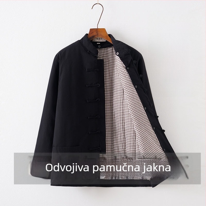 Zimski odvojivi pamuk Tang kostim za muškarce, udoban široki kroj, stojeći ovratnik, jednostruko kopčanje