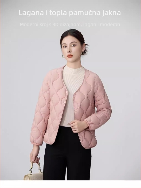 Ženski lagani kaput s punom od pamuka za jesen-zimu, bez ovratnika, slim fit, dugi rukavi, geometrijski uzorak