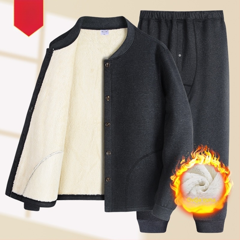 Termo komplet za starije muškarce – jesensko-zimski set s lam velvet toplinskim gornjim dijelom i hlačama, kardigan Sherpa velvet, okrugli ovratnik, dugi rukavi