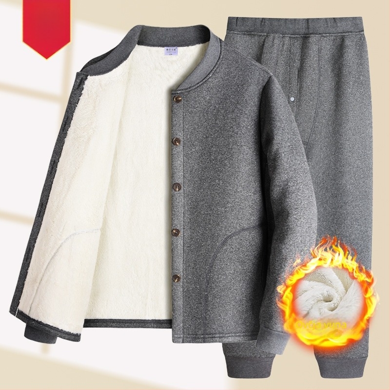 Termo komplet za starije muškarce – jesensko-zimski set s lam velvet toplinskim gornjim dijelom i hlačama, kardigan Sherpa velvet, okrugli ovratnik, dugi rukavi