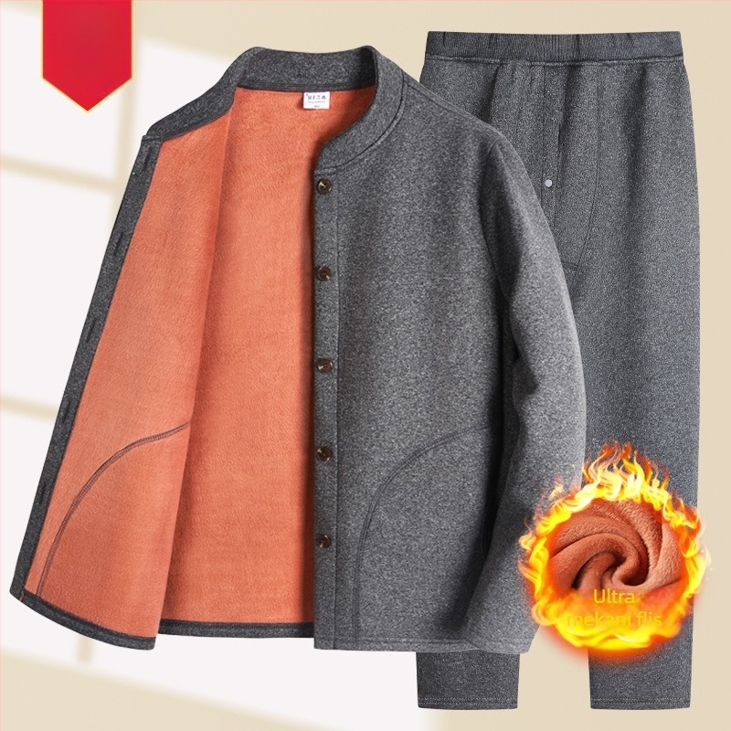 Termo komplet za starije muškarce – jesensko-zimski set s lam velvet toplinskim gornjim dijelom i hlačama, kardigan Sherpa velvet, okrugli ovratnik, dugi rukavi