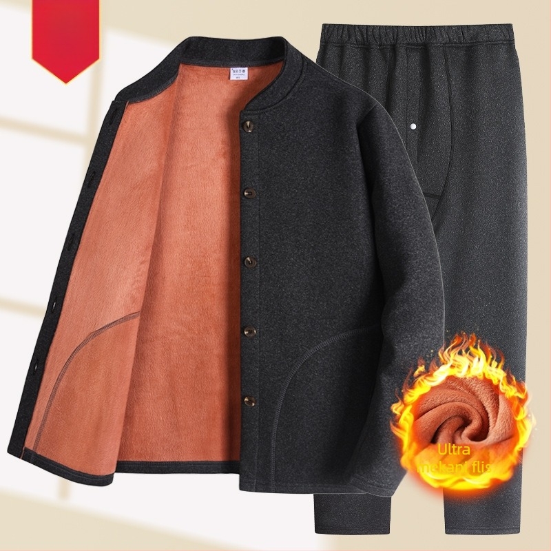 Termo komplet za starije muškarce – jesensko-zimski set s lam velvet toplinskim gornjim dijelom i hlačama, kardigan Sherpa velvet, okrugli ovratnik, dugi rukavi
