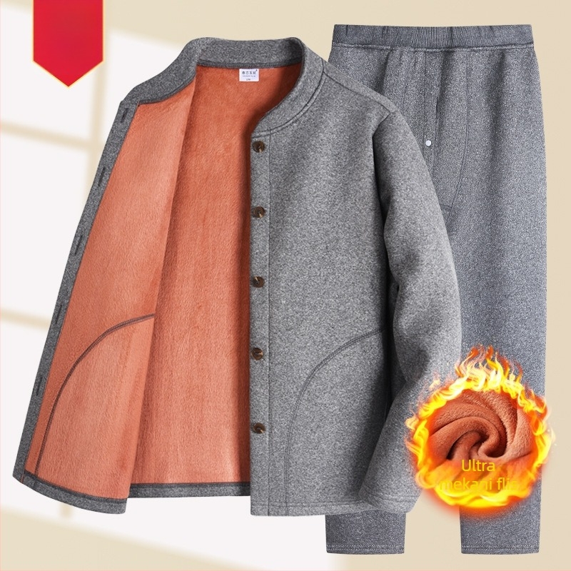 Termo komplet za starije muškarce – jesensko-zimski set s lam velvet toplinskim gornjim dijelom i hlačama, kardigan Sherpa velvet, okrugli ovratnik, dugi rukavi