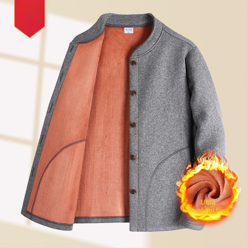 Termo komplet za starije muškarce – jesensko-zimski set s lam velvet toplinskim gornjim dijelom i hlačama, kardigan Sherpa velvet, okrugli ovratnik, dugi rukavi