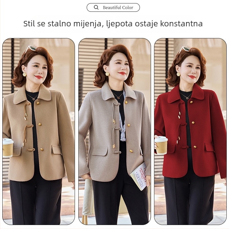 Ženski kaput od vune i kašmira, Regular kroj, dvostruko kopčanje, V-izrez, srednja duljina, jednobojan, elegantan gradski stil