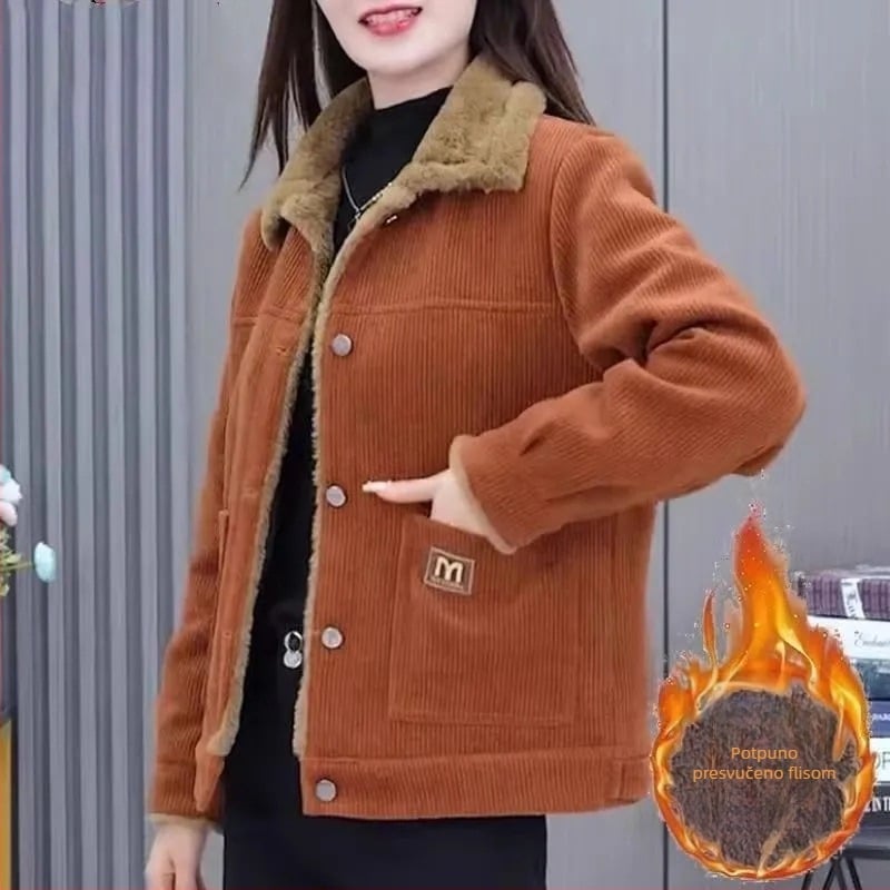 Chenille jakna s debelim fleksom, spandex <30%, polo ovratnik, dugi rukavi, kopčanje u jednom redu