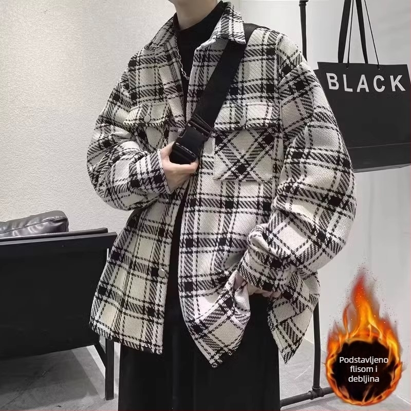 Muška karirana jakna s fleece podstavom, ležerni kroj, ovratnik s reverom, kopčanje na jednu red, zimu