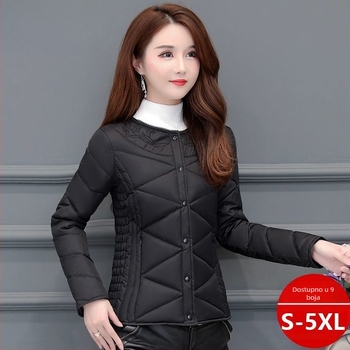 Ženska ultra kratka jakna s punom od pačjih perja, sadržaj perja 51-55%, debeli chenille materijal, glavni materijal spandex, uski kroj, okrugli ovratnik
