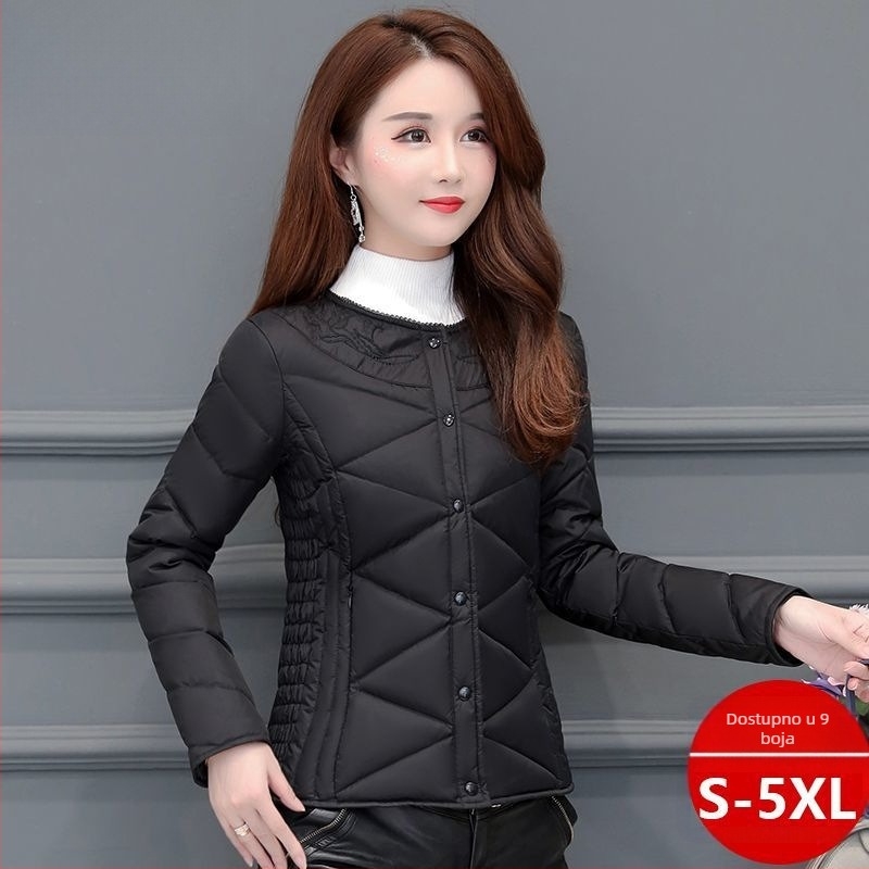 Ženska ultra kratka jakna s punom od pačjih perja, sadržaj perja 51-55%, debeli chenille materijal, glavni materijal spandex, uski kroj, okrugli ovratnik
