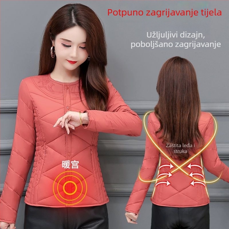 Ženska ultra kratka jakna s punom od pačjih perja, sadržaj perja 51-55%, debeli chenille materijal, glavni materijal spandex, uski kroj, okrugli ovratnik