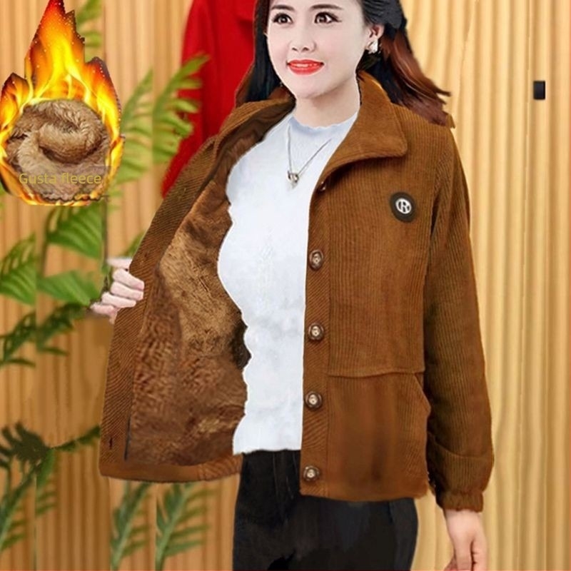 Ženska korduroj jakna bez ovratnika, jednobojni uzorak, poliester tkanina, elegantan svakodnevni zimski stil, zima 2025