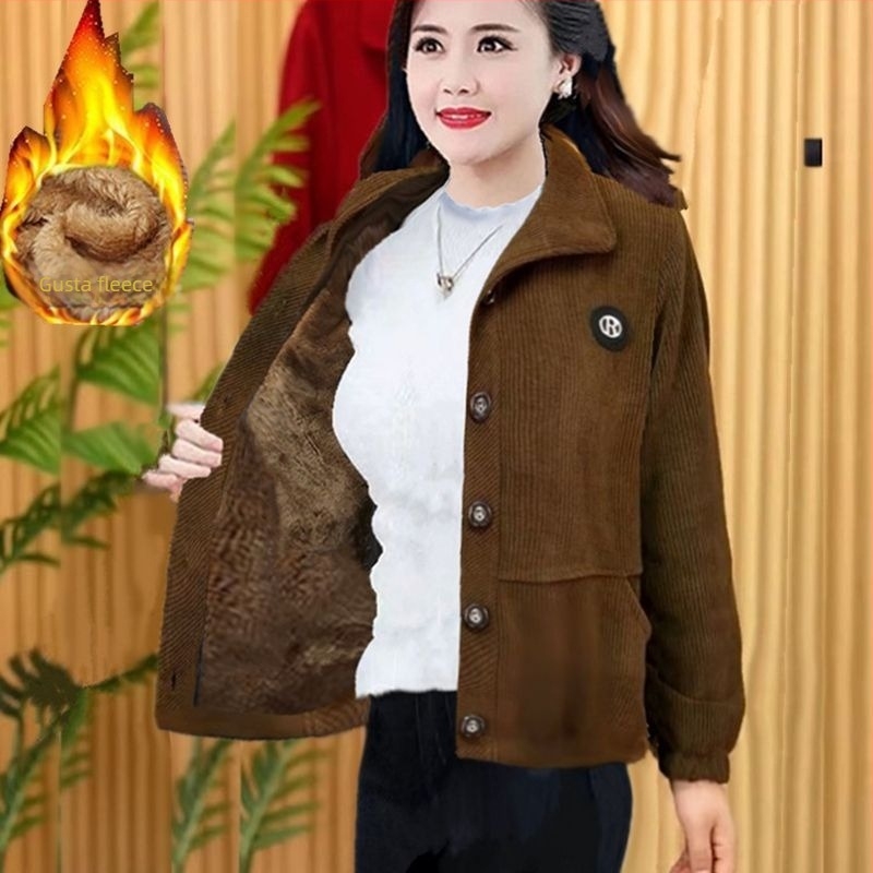 Ženska korduroj jakna bez ovratnika, jednobojni uzorak, poliester tkanina, elegantan svakodnevni zimski stil, zima 2025