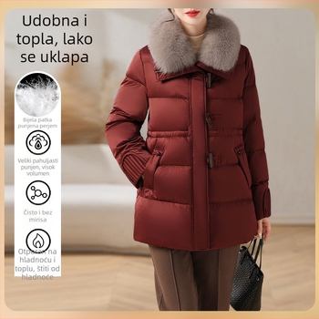Ženski zimski down kaput s odvojivim krznim ovratnikom od lisice, naglašeni struk, elegantan stil, model 2024