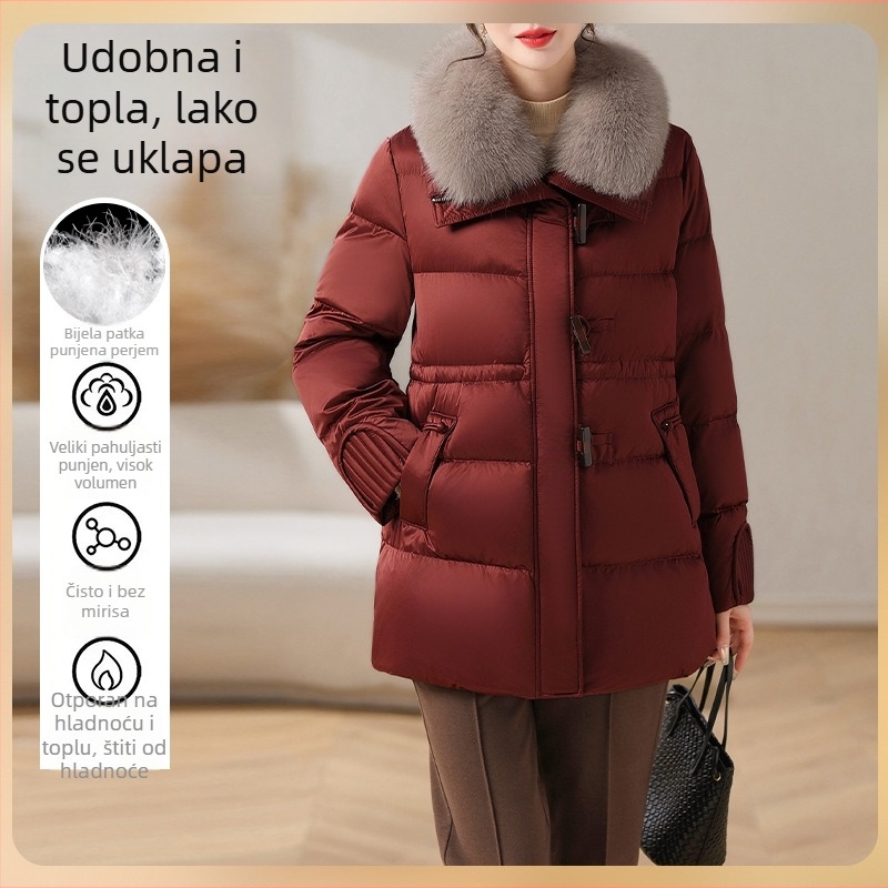 Ženski zimski down kaput s odvojivim krznim ovratnikom od lisice, naglašeni struk, elegantan stil, model 2024