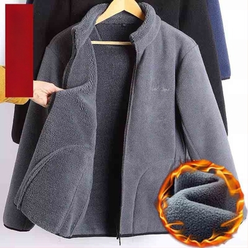 Muška debela polarna fleece jakna za zimu, stojeći ovratnik, zatvarač, dugi rukavi, patch džepovi, za muškarce srednje dobi i starije