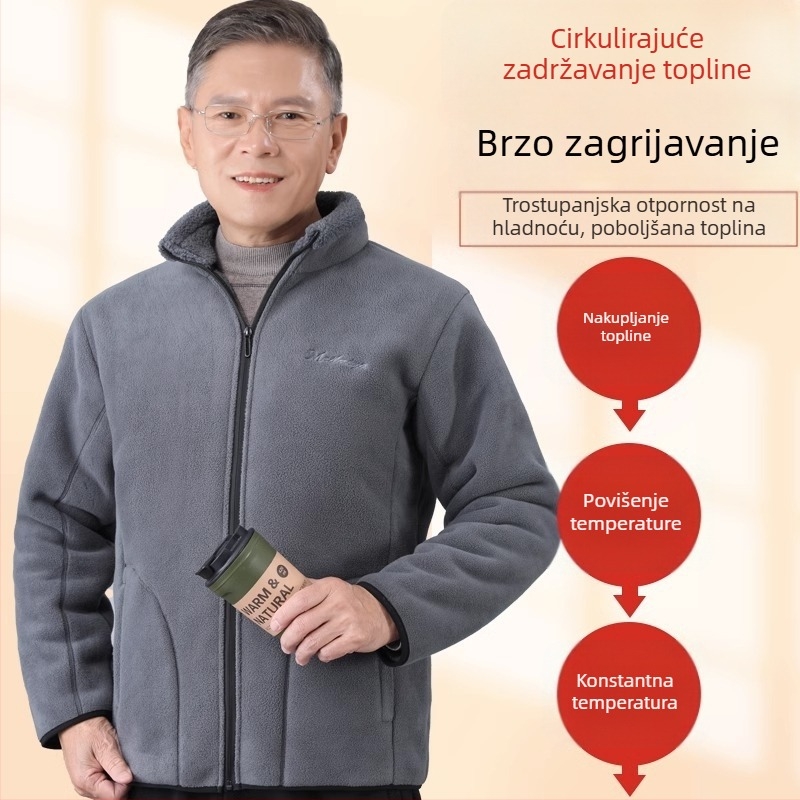 Muška debela polarna fleece jakna za zimu, stojeći ovratnik, zatvarač, dugi rukavi, patch džepovi, za muškarce srednje dobi i starije