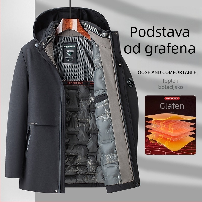 Muška zimska jakna s poliesterom punom, korejskog stila, široki kroj, prednji zatvarač, kapuljača s odvojivim dijelom, odvojivi ovratnik, poliester punilo i podstava