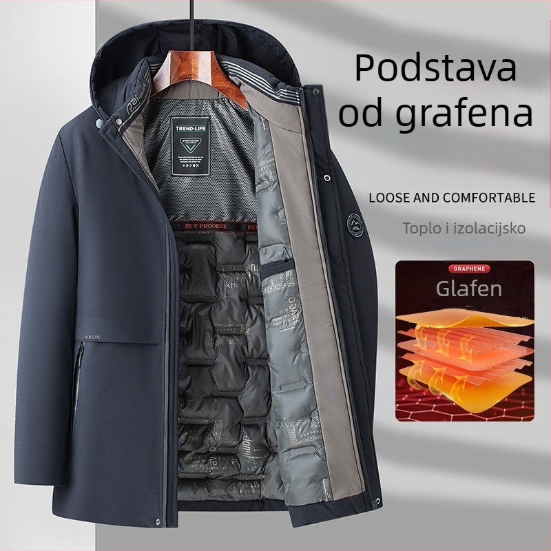 Muška zimska jakna s poliesterom punom, korejskog stila, široki kroj, prednji zatvarač, kapuljača s odvojivim dijelom, odvojivi ovratnik, poliester punilo i podstava