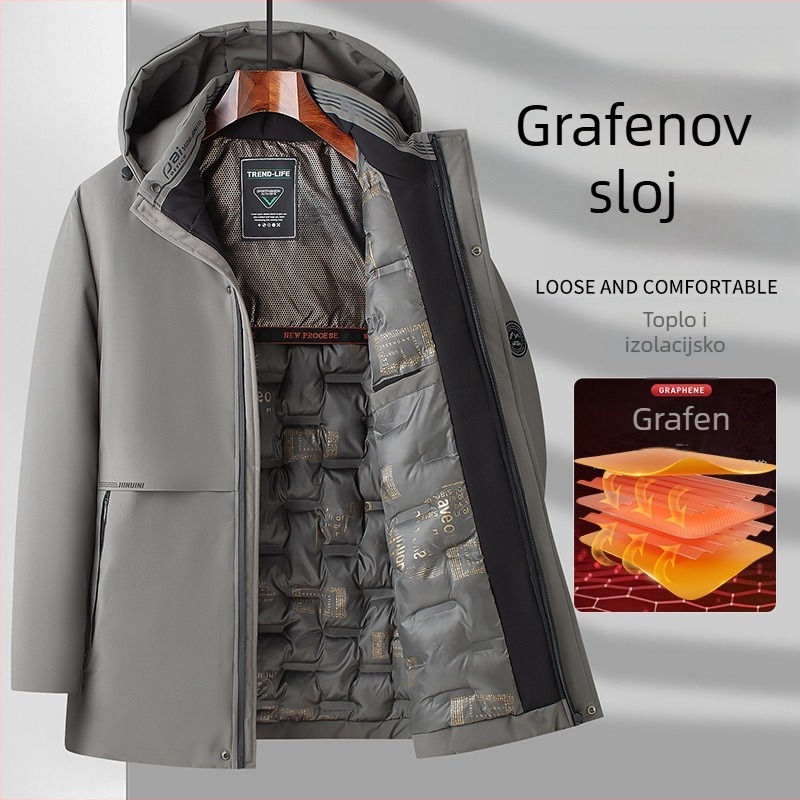 Muška zimska jakna s poliesterom punom, korejskog stila, široki kroj, prednji zatvarač, kapuljača s odvojivim dijelom, odvojivi ovratnik, poliester punilo i podstava