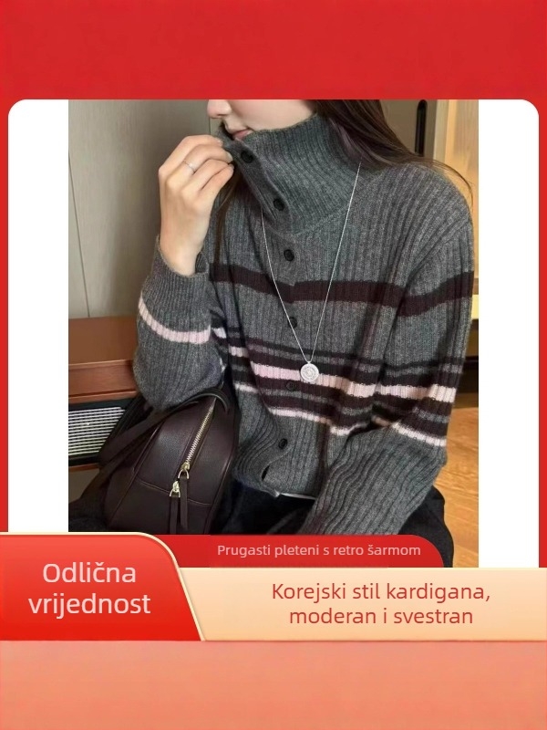 Kardigan od alpaka vune s prugastim uzorkom, poluturtleneck ovratnik, dugi rukavi, opušten kroj
