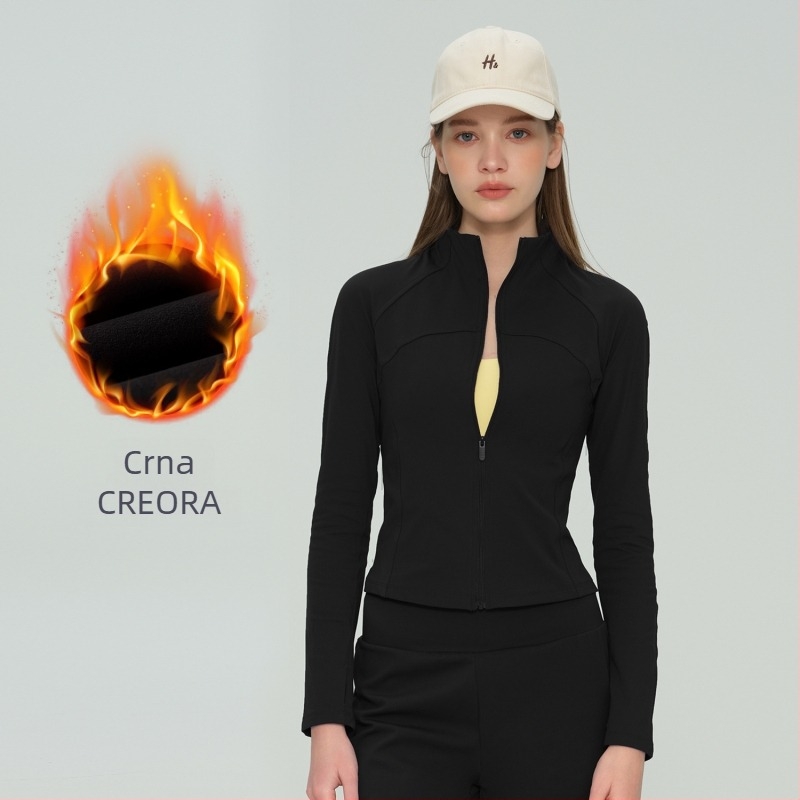 Ženska fleecirana joga jakna s dugim rukavima, dužina do kukova, zadržava toplinu, 75% najlon, 25% spandeks