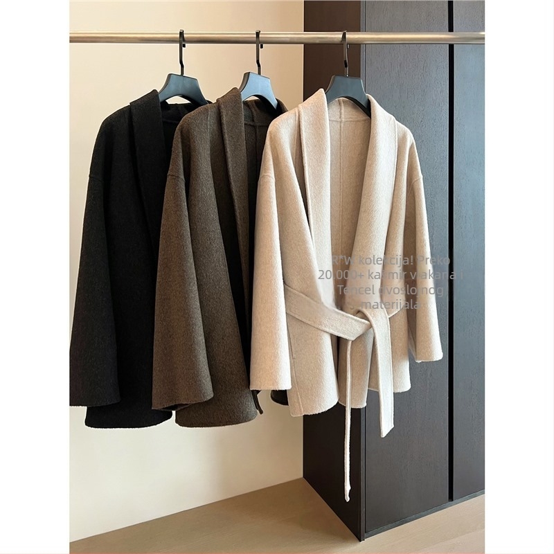 Ženski kaput od kašmira i vune s ovratnikom, vezom u struku, dvostrani, srednje duljine, jesen-zima 2025