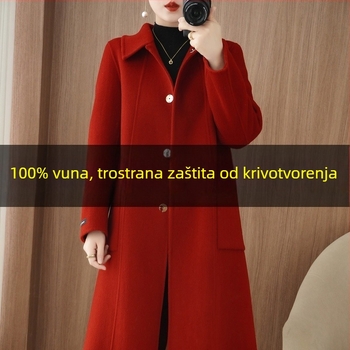 Ženski dvostruki vuneni kaput s kašmirom (>95%), lagan kroj, produžena duljina iznad 100 cm, ovratnik lutke, zatvaranje na dva gumba