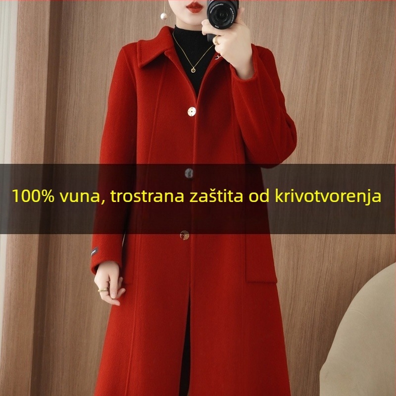Ženski dvostruki vuneni kaput s kašmirom (>95%), lagan kroj, produžena duljina iznad 100 cm, ovratnik lutke, zatvaranje na dva gumba