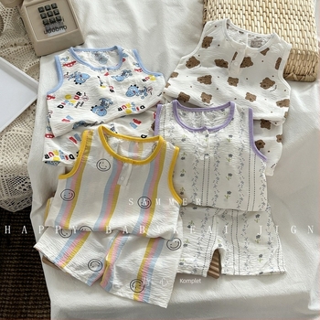 Dječji bezrukavni set topa i šortseva, korejski stil kućna odjeća, ljeto, unisex, 100% poliester