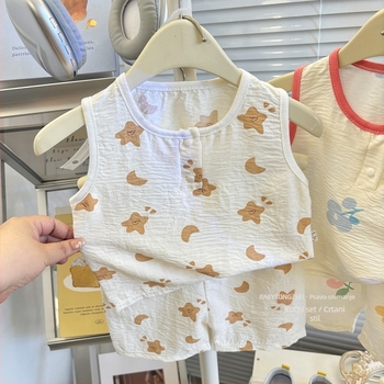 Dječji bezrukavni set topa i šortseva, korejski stil kućna odjeća, ljeto, unisex, 100% poliester