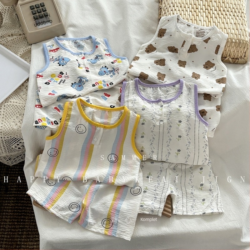 Dječji bezrukavni set topa i šortseva, korejski stil kućna odjeća, ljeto, unisex, 100% poliester